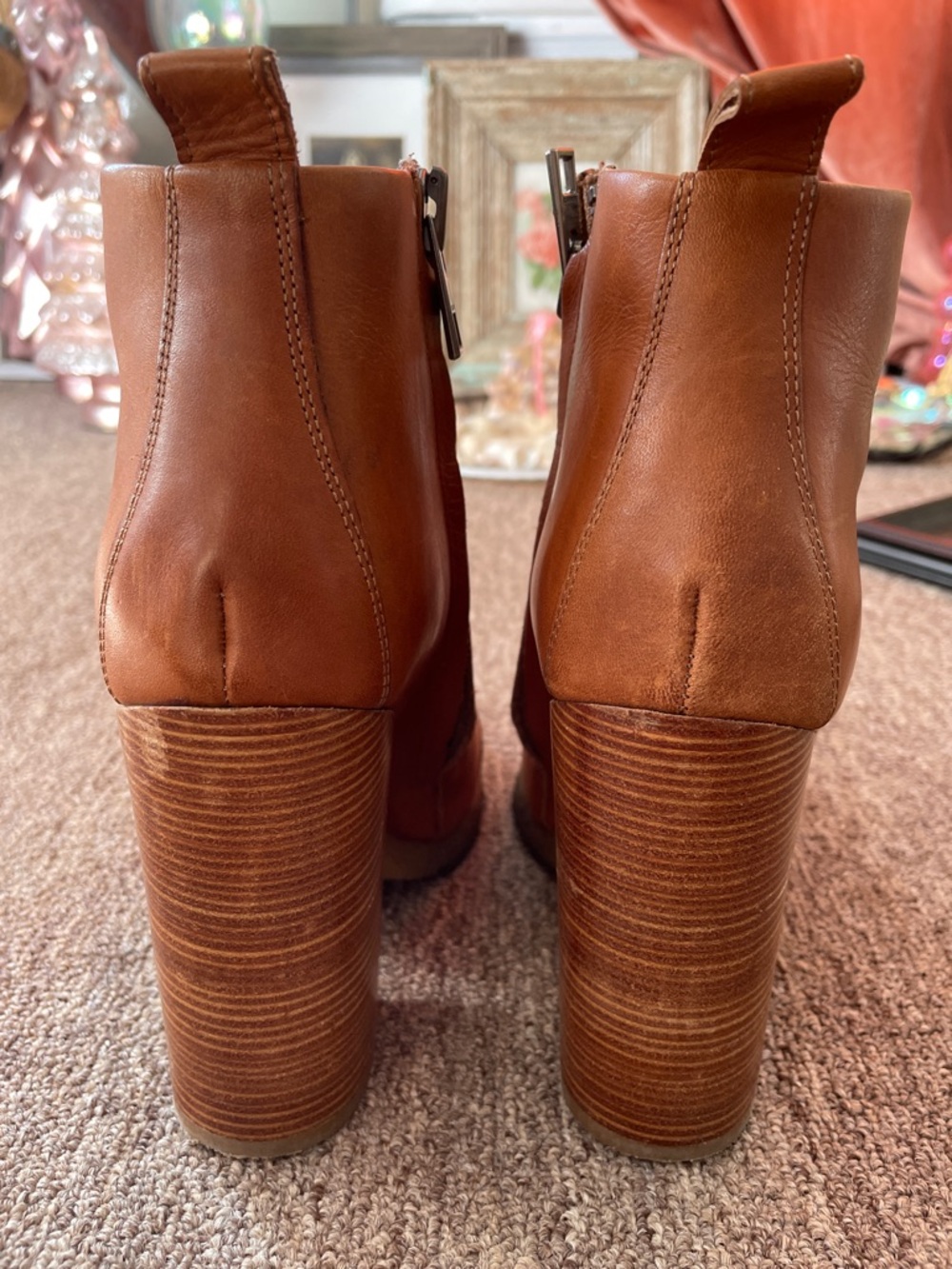 All Saints Cognac Leather Zip-Front Block Heel Ankle Boots - Picture 3 of 8